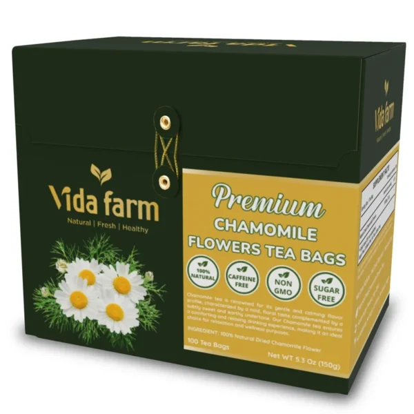 VIDA FARM 100 Chamomile Tea Bags, Natural Chamomile Flowers Tea Bags, Dried Chamomile Herbal Tea, Dried Chamomile Flowers Tea, Sugar Free, Caffeine Free, Gluten Free