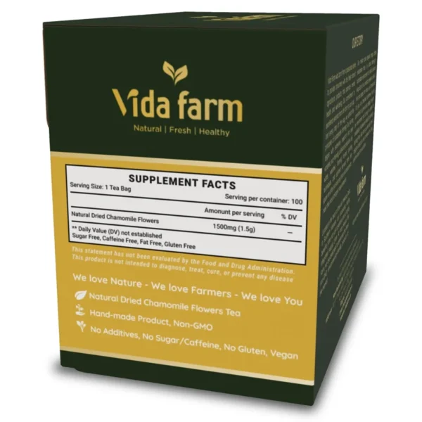 VIDA FARM 100 Chamomile Tea Bags, Natural Chamomile Flowers Tea Bags, Dried Chamomile Herbal Tea, Dried Chamomile Flowers Tea, Sugar Free, Caffeine Free, Gluten Free