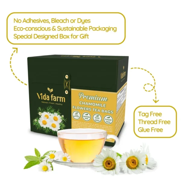 VIDA FARM 100 Chamomile Tea Bags, Natural Chamomile Flowers Tea Bags, Dried Chamomile Herbal Tea, Dried Chamomile Flowers Tea, Sugar Free, Caffeine Free, Gluten Free