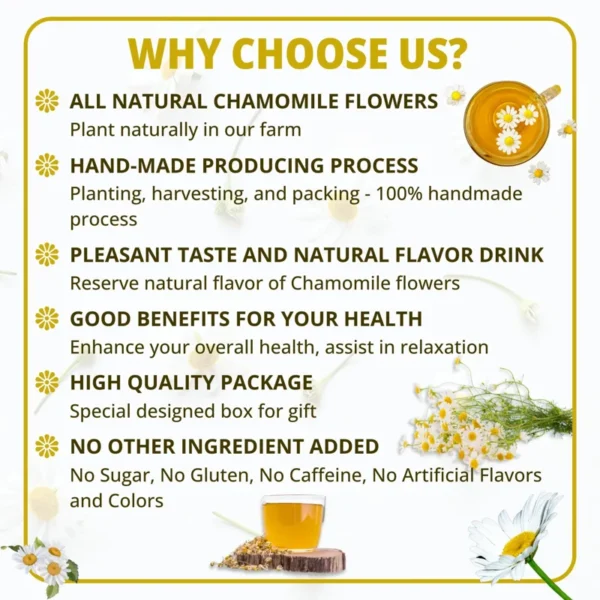 VIDA FARM 100 Chamomile Tea Bags, Natural Chamomile Flowers Tea Bags, Dried Chamomile Herbal Tea, Dried Chamomile Flowers Tea, Sugar Free, Caffeine Free, Gluten Free