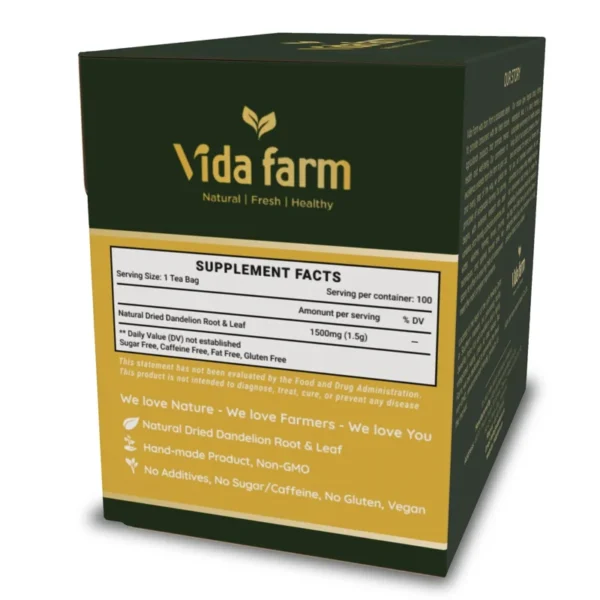 VIDA FARM 100 Dandelion Tea Bags - 100% Natural Dandelion Leaf & Root, Sugar Free, Caffeine Free, Non-GMO - Premium Dandelion Root Herbal Tea, Smooth Taste