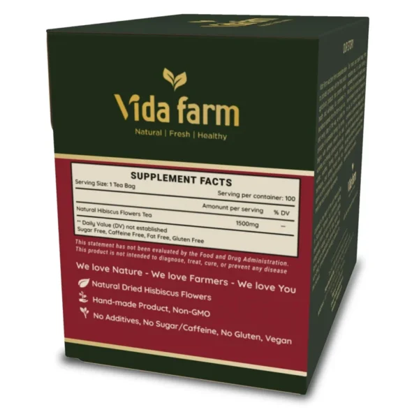 VIDA FARM 100 Hibiscus Tea Bags, Natural Dried Hibiscus Tea Bags, Hibiscus Sabdariffa Tea Bags, Tea Jamaica Roselle Tea Hibiscus, Te De Jamaica Red Hibiscus Tea, No Sugar, No Caffeine, No Gluten
