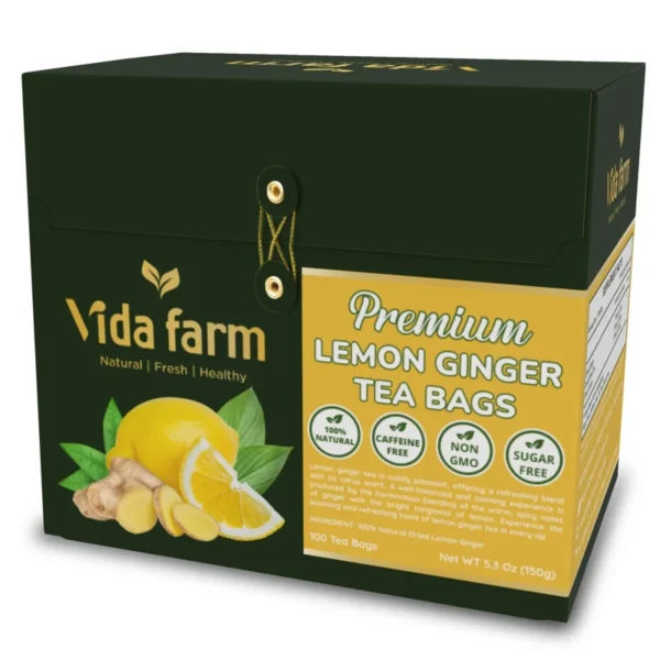 VIDA FARM 100 Lemon Ginger Tea Bags, 100% Natural Ingredients - Warming & Spicy Blend, Caffeine Free, Sugar Free, Non-GMO, Lemon & Ginger Herbal Tea Beverage
