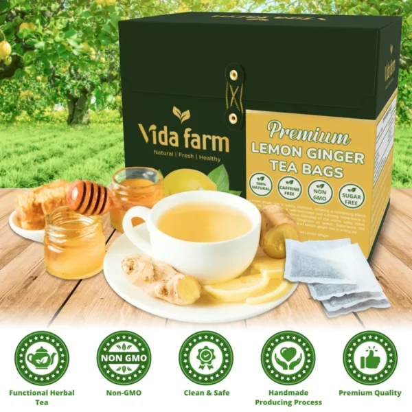 VIDA FARM 100 Lemon Ginger Tea Bags, 100% Natural Ingredients - Warming & Spicy Blend, Caffeine Free, Sugar Free, Non-GMO, Lemon & Ginger Herbal Tea Beverage