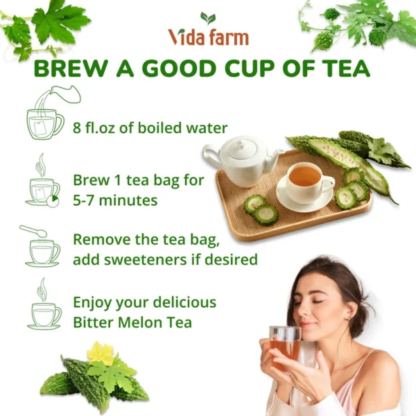 VIDA FARM 100 Premium Bitter Melon Tea Bags, Zero Sugar Tea, Handpicked, 100% Pure and Natural Dried Bitter Melon, Non-GMO, No Caffeine, Gluten-Free, Vegan