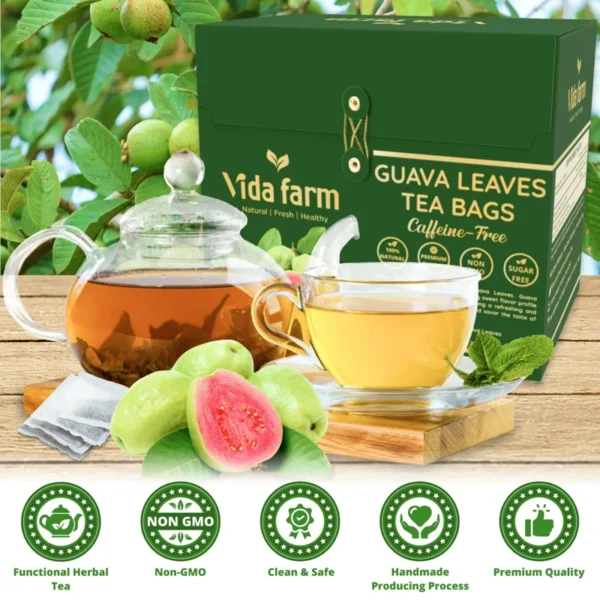 VIDA FARM 100 Premium Guava Leaf Tea Bags, Zero Sugar Tea, Handpicked, 100% Pure and Natural Guava Leaves, Dried Guava Leaves Tea, Non-GMO, No Caffeine, Gluten-Free, Vegan