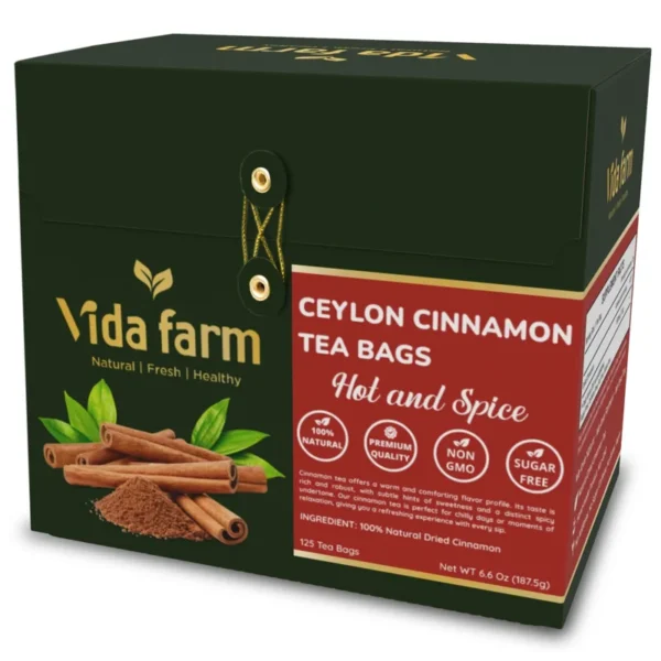 VIDA FARM 125 Cinnamon Tea Bags, 100% Natural Ceylon Cinnamon Tea Bags, Cinnamon Herbal Tea, Cinnamon Tea, No Additives, No Caffeine, No Sugar