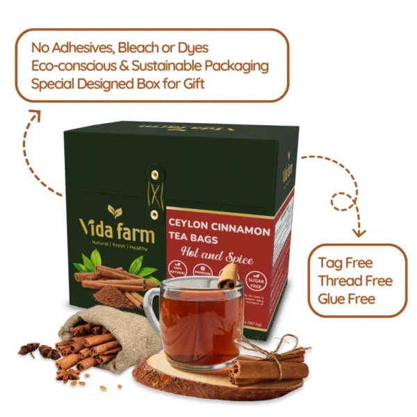 VIDA FARM 125 Cinnamon Tea Bags, 100% Natural Ceylon Cinnamon Tea Bags, Cinnamon Herbal Tea, Cinnamon Tea, No Additives, No Caffeine, No Sugar