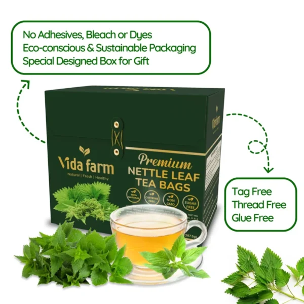 VIDA FARM 125 Nettle Tea Bags, 100% Natural Nettle Leaf Tea, Dried Stinging Nettle Tea, Stinging Nettle Leaf Herbal Tea, No Caffeine, No Sugar, No Gluten, Vegan