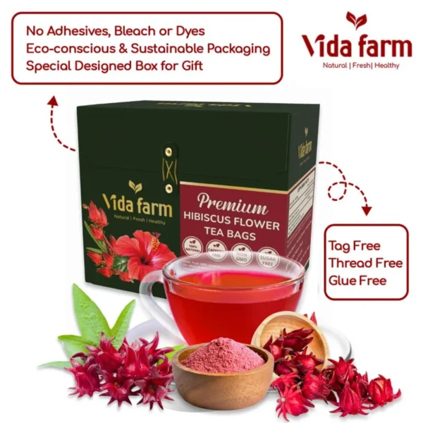 VIDA FARM 50 Hibiscus Tea Bags, Natural Dried Hibiscus Flowers Tea Bags, Roselle Hibiscus Tea Bags, Sorrel Tea Jamaica Roselle Tea Hibiscus, Te De Jamaica Red Hibiscus Tea, No Sugar, No Caffeine