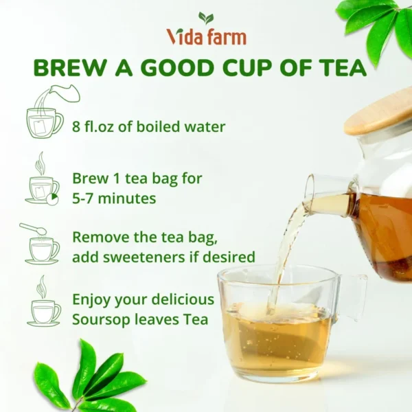 VIDA FARM 50 Soursop Tea Bags, 100% Natural Pure Soursop Graviola Leaves Tea Bags, Pleasant Taste, Natural Flavor, Caffeine Free, Hojas de Guanabana Para te, Dried Soursop Leaves Guyabano Tea