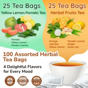 VIDA FARM Premium Assorted Tea Bags - 4 Unique Tropical Flavors, 16 Natural Ingredients, 100 Count, Caffeine-Free, Sugar-Free, Non-GMO - Enjoy Hot or Iced