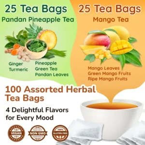 VIDA FARM Premium Assorted Tea Bags - 4 Unique Tropical Flavors, 16 Natural Ingredients, 100 Count, Caffeine-Free, Sugar-Free, Non-GMO - Enjoy Hot or Iced