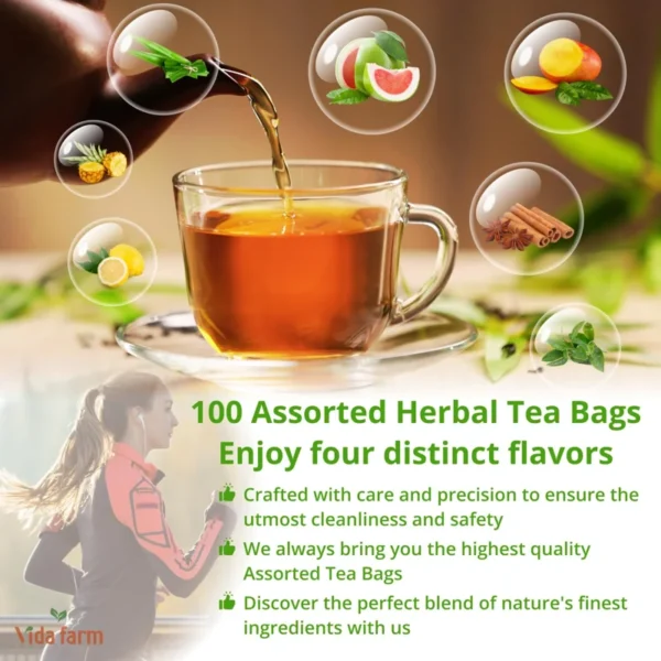 VIDA FARM Premium Assorted Tea Bags - 4 Unique Tropical Flavors, 16 Natural Ingredients, 100 Count, Caffeine-Free, Sugar-Free, Non-GMO - Enjoy Hot or Iced