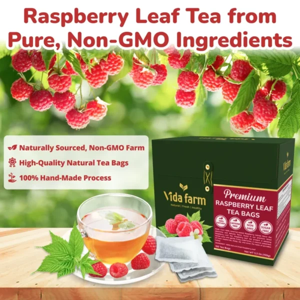 VIDA FARM Red Raspberry Leaf Tea Bags, 100 Count, Sugar Free, Caffeine Free - 100% Natural Raspberry Leaves, Non-GMO, Raspberry Herbal Tea Bags