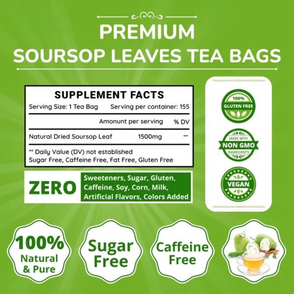 VIDA FARM Soursop Tea Bags, 155 Count, 100% Natural Pure Soursop Leaves, Decaffeinated, Vegan, Gluten-Free
